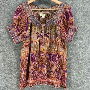 Bila Blouse Women XL Brown Geometric Short Sleeve Tasseled Round Neck Rayon